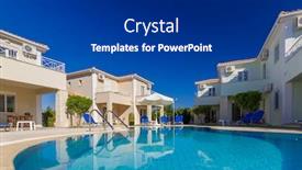  Presentation with complex - Beautiful slide deck featuring luxurious villas complex resort with pool in greece backdrop and a navy blue colored foreground