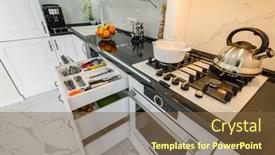  Presentation with open door - Presentation design consisting of luxurious-white-modern-kitchen-interior background and a tawny brown colored foreground