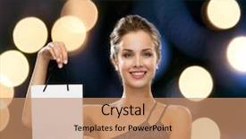  Presentation with holidays - Colorful presentation design enhanced with luxury advertisement holidays and sale concept - smiling woman with white blank shopping bag over night lights background backdrop and a coral colored foreground