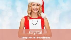  Presentation with blue lights - PPT theme consisting of luxury advertisement holydays and sale concept - smiling woman in santa helper hat with white blank shopping bag over blue lights background background and a coral colored foreground