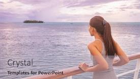  Presentation with sunset sailing - Colorful theme enhanced with luxury-cruise-vacation-woman-looking backdrop and a light gray colored foreground