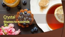  Presentation with tea cake - Presentation theme enhanced with luxury drinking - cup of tea with cake background and a tawny brown colored foreground