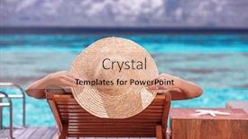  Presentation with luxury travel - Cool new theme with luxury female tanning on the beach wearing big stylish hat enjoying beautiful seascape summer travel and tourism concept backdrop and a coral colored foreground