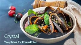 Presentation with italian food - Audience pleasing slide deck consisting of luxury food - italian steamed mussels cooked backdrop and a ocean colored foreground