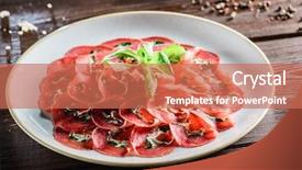  Presentation with meat food - Audience pleasing slides consisting of luxury food - meat carpaccio backdrop and a coral colored foreground
