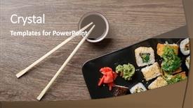  Presentation with chopsticks - Theme with luxury food - various of sushi rolls background and a coral colored foreground