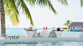  Presentation with romantic beach - Slide set enhanced with luxury holiday - happy young romantic couple background and a light blue colored foreground