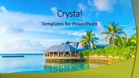  Presentation with beautiful fresh leaves water drops - PPT theme with luxury holiday night - beautiful water villas in tropical background and a cyan colored foreground