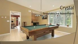  Presentation with billards pool table ready - Slide deck with table above sea for two greece santorini island background and a light gray colored foreground