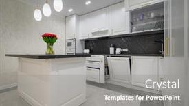  Presentation with kitchen furniture - PPT theme with luxury-large-modern-domestic-kitchen background and a gray colored foreground