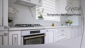  Presentation with kitchen design - Cool new slide deck with luxury-modern-classic-white-kitchen backdrop and a light gray colored foreground