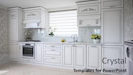  Presentation with kitchen design - Amazing slide set having luxury-modern-classic-white-kitchen backdrop and a light gray colored foreground