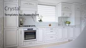 Presentation with kitchen design - Beautiful PPT layouts featuring luxury-modern-classic-white-kitchen backdrop and a light gray colored foreground