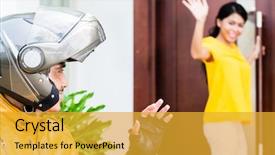  Presentation with saying goodbye - Beautiful slides featuring defocused woman saying goodbye backdrop and a gold colored foreground