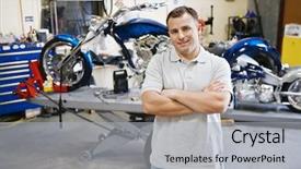  Presentation with mechanic - Presentation enhanced with hands folded at workshop background and a light gray colored foreground