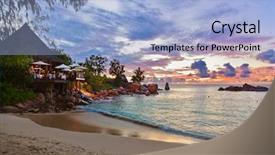  Presentation with tropical beach sunset - Amazing PPT theme having luxury night restaurant - cafe on seychelles tropical beach backdrop and a light blue colored foreground