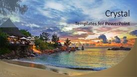  Presentation with cafe tropical - Presentation theme featuring luxury night restaurant - cafe on tropical beach background and a light blue colored foreground