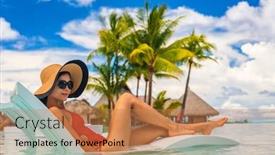  Presentation with luxury resort - Presentation featuring luxury pool vacation woman sunbathing in lounging chair of high end hotel swimming pool holiday resort for summer getaway lady with sun hat and red swimsuit in water lounger background and a coral colored foreground