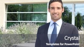  Presentation with house - Beautiful presentation design featuring luxury real estate - businessman standing outside a modern backdrop and a tawny brown colored foreground