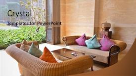  Presentation with hotel resort - Colorful presentation design enhanced with luxury resort hotel lobby lounge backdrop and a coral colored foreground