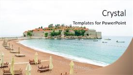  Presentation with island resort - Presentation theme enhanced with luxury sand beach near island and resort sveti stefan in budva montenegro balkans adriatic sea europe background and a white colored foreground