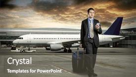  Presentation with keep calm airport - PPT theme consisting of luxury transportation - businessman with baggage in airport background and a gray colored foreground