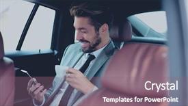  Presentation with car seat - Presentation theme having luxury transportation - happy young businessman using mobile background and a violet colored foreground