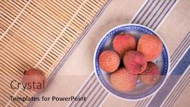  Presentation with chinese traditional - Presentation design with lychees in a traditional chinese blue and white bowl with bamboo mat and striped tablecloth background and a coral colored foreground