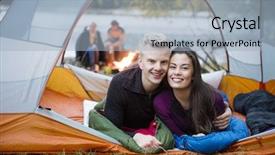  Presentation with tent - Slide set with lying in tent at lakeshore background and a light blue colored foreground