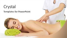  Presentation with young business woman smile show - PPT theme enhanced with lying on a massage table background and a white colored foreground