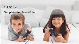  Presentation with video games playing - Cool new PPT theme with lying on bed playing video backdrop and a light gray colored foreground