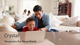  Presentation with teen - Slide set featuring lying on sofa using laptop background and a coral colored foreground