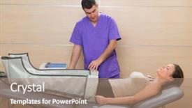  Presentation with hospital bed - Theme having lymphatic - doctor checking legs pressotherapy machine background and a coral colored foreground