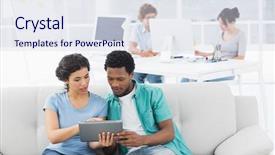  Presentation with how to level up engagement digital workplace gamification - Colorful slide set enhanced with m dia - casual couple using digital tablet backdrop and a sky blue colored foreground