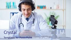  Presentation with listening - Slide deck featuring m e - male doctor listening to patient background and a  colored foreground