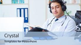  Presentation with listening - PPT layouts enhanced with m e - male doctor listening to patient background and a  colored foreground