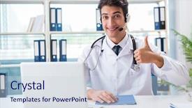  Presentation with telehealth - PPT theme having m e - young male doctor in telehealth background and a sky blue colored foreground