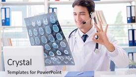  Presentation with telehealth - PPT theme enhanced with m e - young male doctor in telehealth background and a lemonade colored foreground