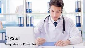  Presentation with telehealth - Slides having m e - young male doctor in telehealth background and a sky blue colored foreground