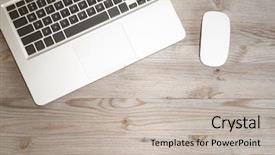  Presentation with mac - Cool new slide deck with mac - working table overhead view wooden backdrop and a soft green colored foreground