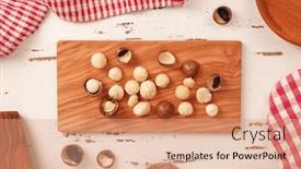  Presentation with macadamia nuts - Beautiful theme featuring macadamia nuts on background white wooden lovely classic cooking concept backdrop and a coral colored foreground