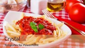  Presentation with macaroni - Slide set having macaroni pasta with tomato sauce background and a  colored foreground