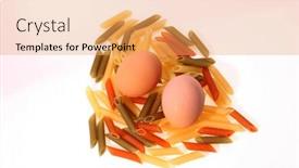  Presentation with macaroni - Theme with nice plate of a mixed salad with big sausages in an italian fancy restaurant background and a gray colored foreground