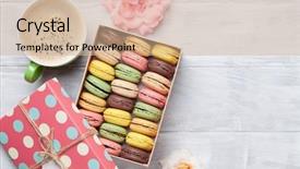  Presentation with text box - Slides featuring macaroons and coffee on wood background and a coral colored foreground