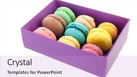  Presentation with gift card envelope - Slide set with macaroons in carton gift box background and a  colored foreground