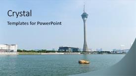  Presentation with macau - Audience pleasing PPT theme consisting of macau skyline backdrop and a light blue colored foreground