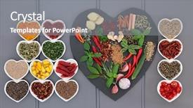  Presentation with porcelain - Slide set enhanced with mace - spice and herb collection background and a gray colored foreground