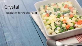  Presentation with macedonia - Slide set consisting of macedonia salad macedoine de legumes mixed vegetable salad french cuisine background and a light blue colored foreground