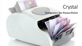  Presentation with counting - Colorful slide set enhanced with machine for counting money with ukrainian money isolated on white backdrop and a white colored foreground