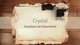  Presentation with tattoo - PPT theme enhanced with machine for tattoo with old paper on table close up background and a soft green colored foreground